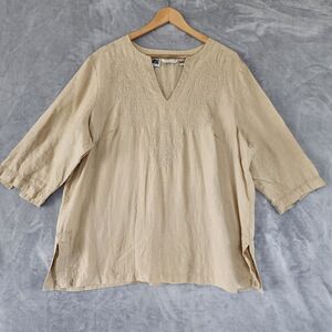 Malcolm & Co Irish Linen Top Womens 2X Embroidered Split Hem Sleeve